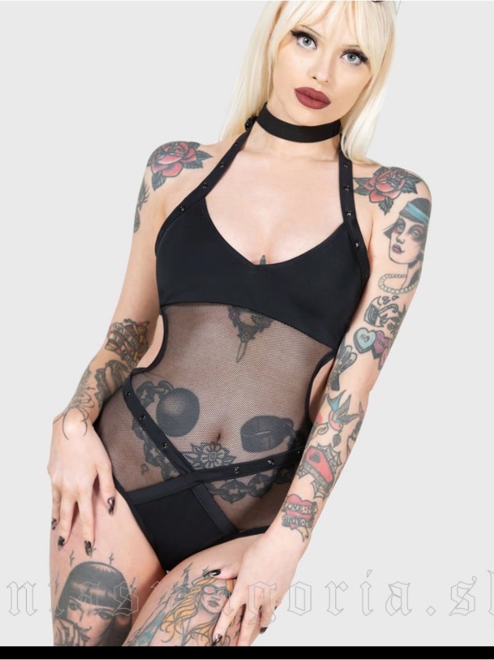 Killstar Siren Eyes Swimsuit Black Sheer Sz large fishnet
